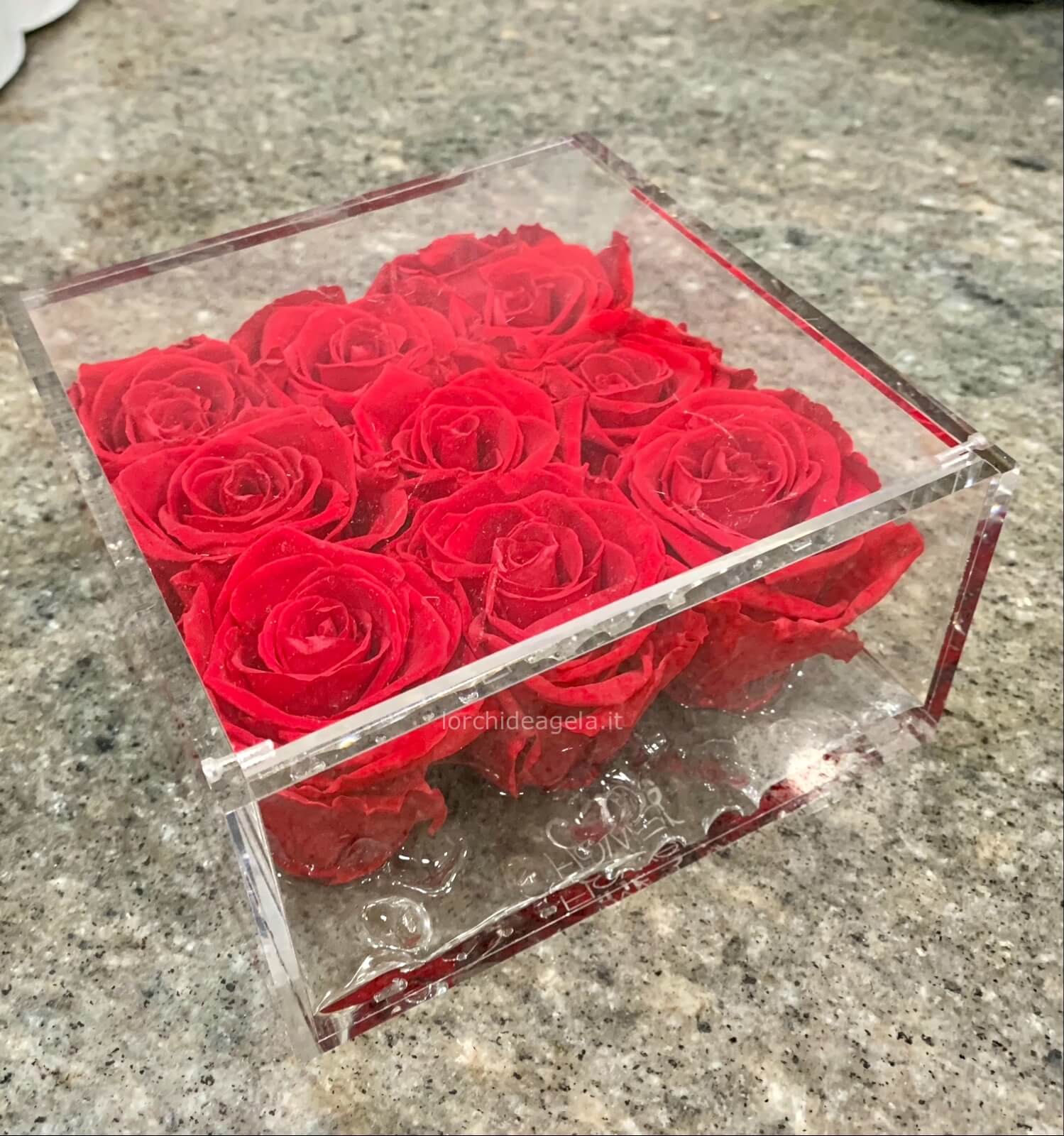 Scatola regalo composizione di 9 rose rosse stabilizzate